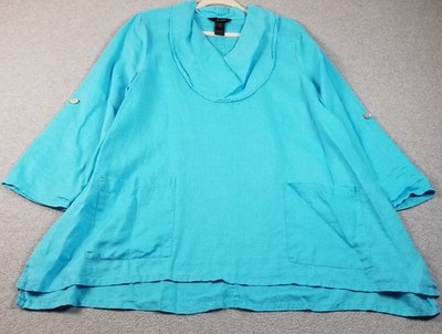 Ali Miles Tunic Top Women s XL Extra Large Blue Linen See Through Long Sleeve