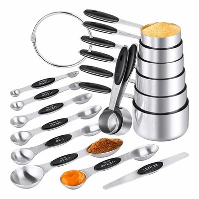 Measuring Cups & Spoons Set of 16, BOBIPRO Stainless Steel 8 Nesting 1, Black 