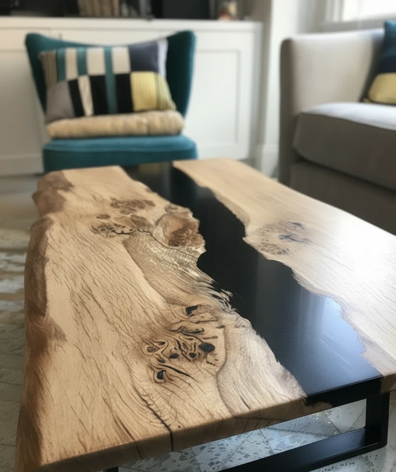 Handmade Black River Epoxy Table Top Live Edge Wood Resin Dining/Coffee Table - Image 2 of 4