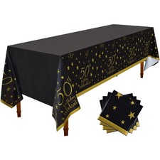 50th Birthday Disposable Tablecloth 4 Pack Gold and Black Waterproof Plastic ...