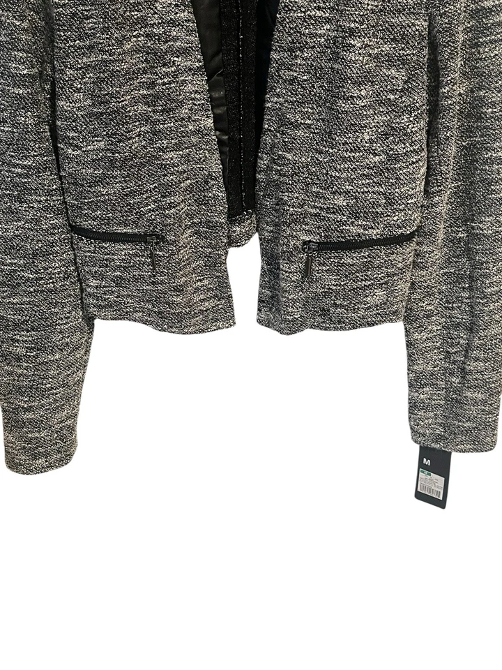 MOSSIMO Cropped Jacket Womens M Open Front Black White Rayon Leather Zippers - Image 4 of 4