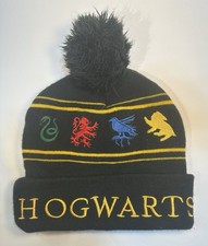 Harry Potter Hogwarts Beanie Pom Hat Spellout Logos Sewn Official OSFM