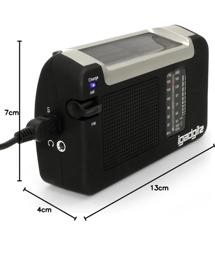 Radio AM/FM portátil iGadgitz Xtra U4457 cuerda solar y USB recargable negra - Imagen 4 de 4