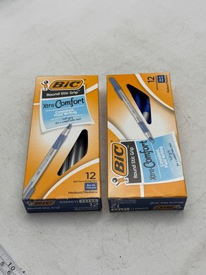 BIC Round Stic Grip Xtra-Comfort 24 Ball Pens Blue Medium Soft Grip 2x12 Pack
