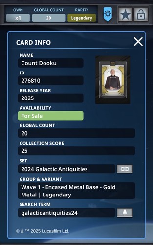 Topps Star Wars Card Trader 2025 Antiquities Count Dooku Encased Legendary Gold - Picture 2 of 2