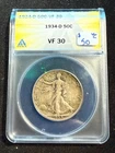 1934 D WALKING LIBERTY HALF DOLLAR ANACS VF 30 459