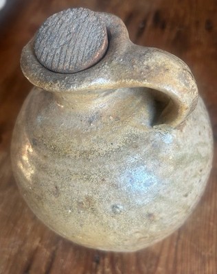 Primitive Studio Pottery Jug w/ Wooden Stopper   Handmade Folk Art Stoneware 
