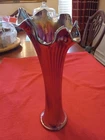 Fenton Fine Rib 9-1/2" Carnival Glass Vase-STUNNING RED COLOR