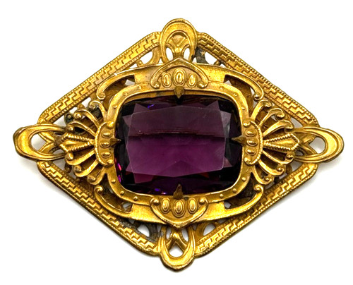 Art Nouveau Czech Amethyst Glass Brass Guilt Filigree Sash Brooch