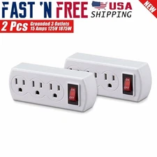 2x 3 Prong Grounded AC Power Wall Tap 3 Outlets w/ ON / OFF Switch Button