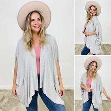 Davi & Dani Rib Knit Jersey Oversize Kimono Cardigan MEDIUM Heather Grey Pockets