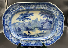 Antique Blue and White Transferware Platter with Village Scene Unmarked