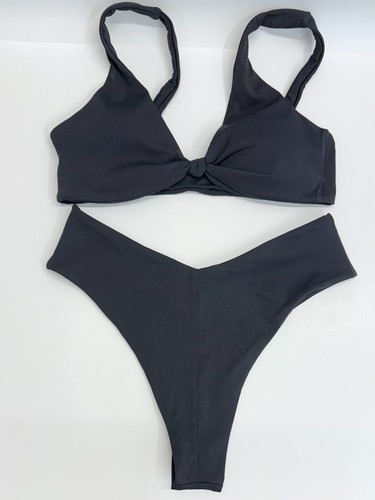 Black Bikini Set Women's Size M High-Waisted Push-Up Top Center Knot Swimsuit