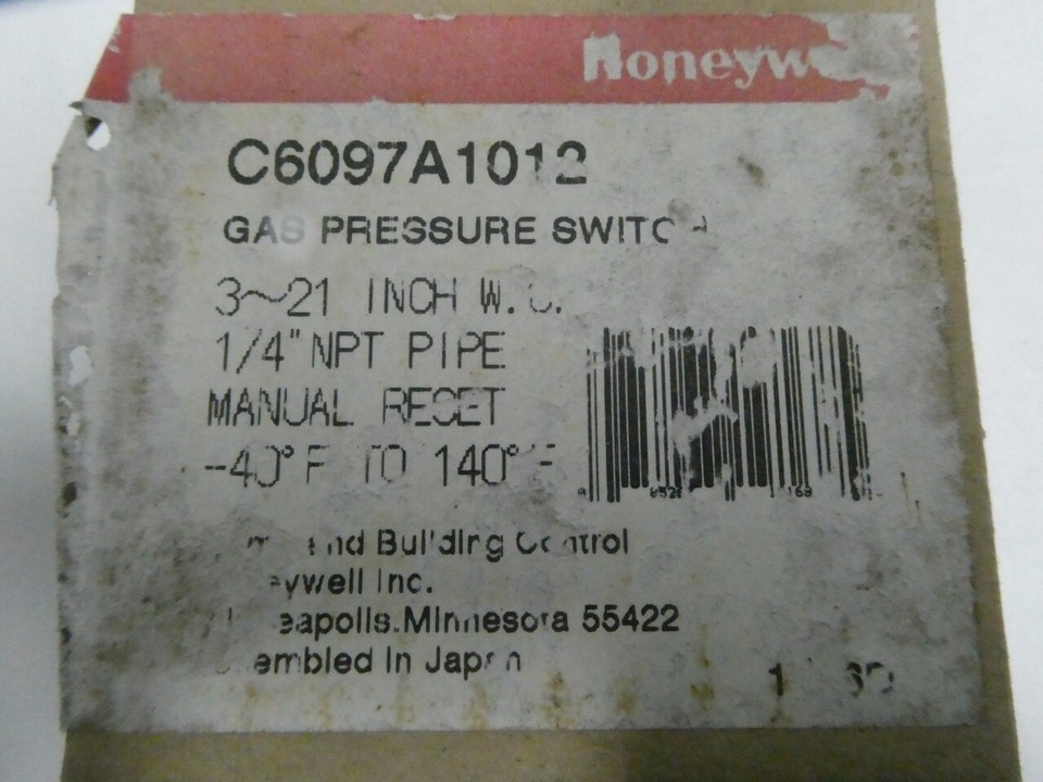 Honeywell C6097A1012 Gas Pressure Switch 1/4in Npt 321inh2o 100240v