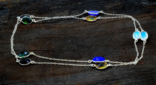 Multi-Colour Gemstone Handmade 925 Sterling Silver Jewelry Necklace Sz 36" - Picture 2 of 3