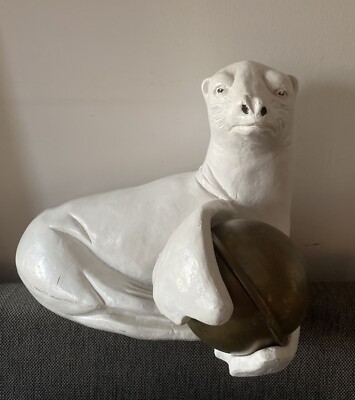Seal or Sea Lion w/ Brass Ball - Large Statue Sculpture Circus Animal MCM Sea