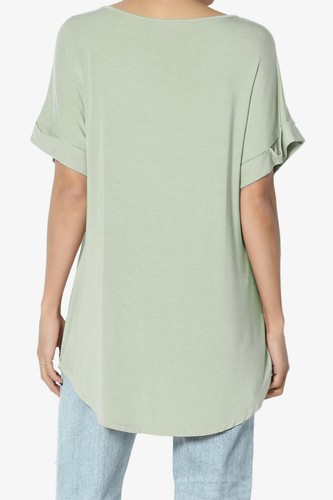 TheMogan S~3X Wide V-Neck Cuffed Short Sleeve Curved Hem Luxe Jersey Top - Picture 160 of 212
