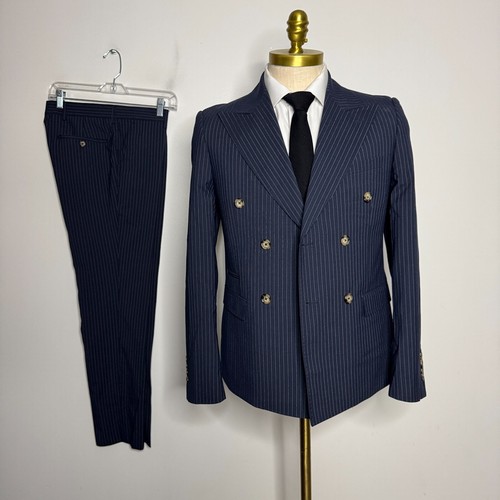 Rossi Man Mens 36S Blue Stripe Two-Piece Suit 31W Pants Solid Double Breast Slim