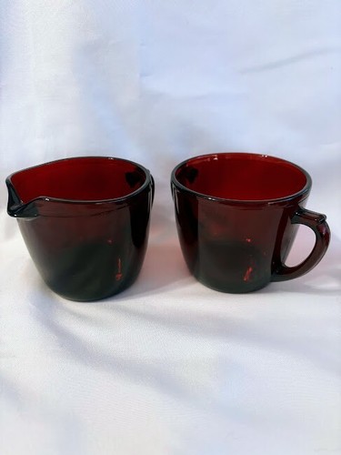 2 Sets Vintage Anchor Hocking Depression Royal Ruby Red Glass Sugar and Creamer - Picture 2 of 4