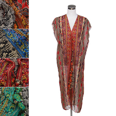 TrendsBlue Long Bohemian Tribal Chiffon Sheer Kimono Wrap Vest Beach Cover Up