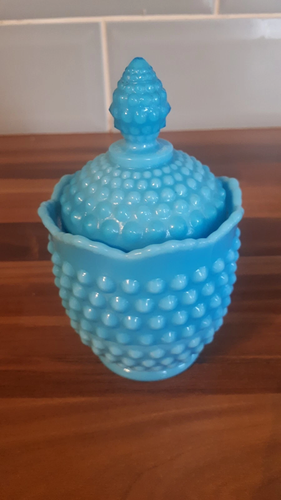 Blue Milk Glass Hobnail Trinket Lidded Candy Jar in Very Good Condition 12cm