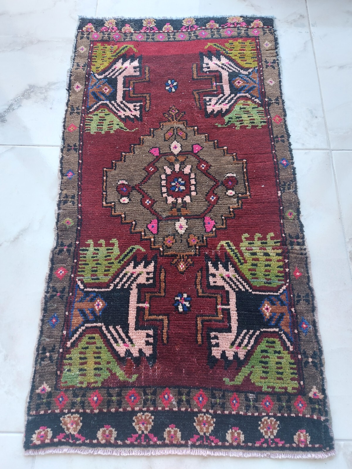 Antique Geometric Rug Handmade Wool Rug Old Small Carpet Rug Ofiice Hot Foot Rug