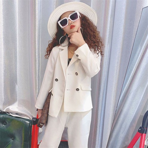 Girls Formal White Blazer Suit Jacket + Pants 2pcs Dress Kids Wedding Party Suit - Picture 3 of 11