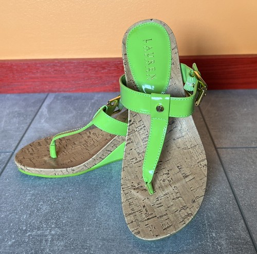 Lauren Ralph Lauren Women's Sandal Size 7.5 Cork Sole Wedge Bright Lime Green