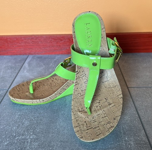 Lauren Ralph Lauren Women's Sandal Size 7.5 Cork Sole Wedge Bright Lime Green - Picture 1 of 13