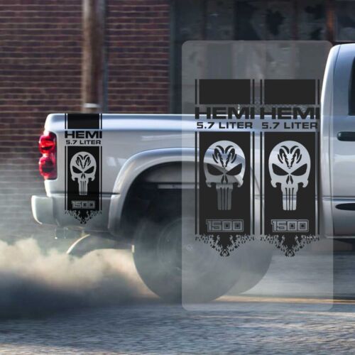 Dodge Ram THE PUNISHER HEMI 5.7 LITER Truck Bed Stripes Vinyl Decals Stickers - Picture 1 of 2