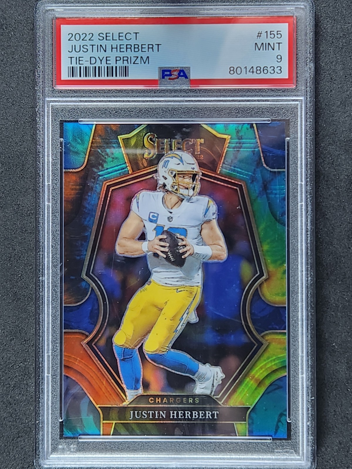 2022 Select Prizm Tie Dye Refractor 155 Justin Herbert 12/25 Premier Level PSA 9