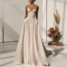 Satin Wedding Dresses A-Line Strapless Lace-up V-Neck Pleated Chic Customized