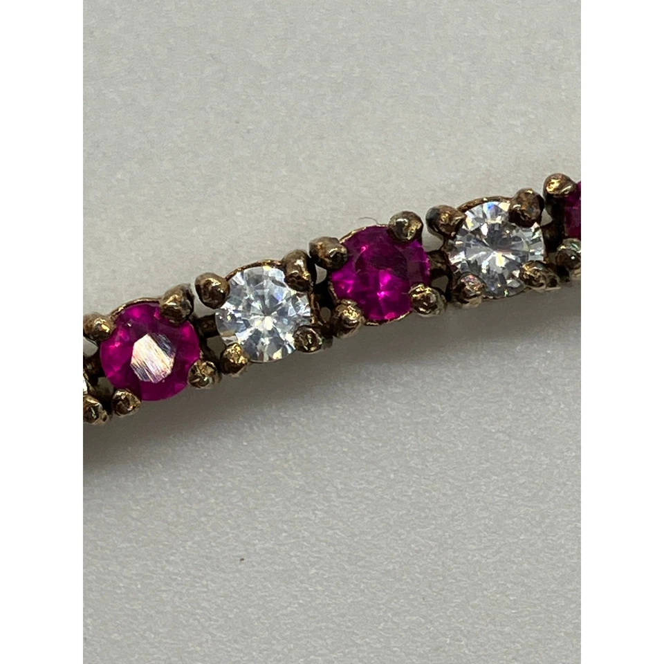 Vintage Sterling Silver Ruby Red & Clear Stone Tennis Bracelet - Gold Vermeil - Image 3 of 4