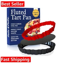 Fluted Tart Pan 9 Inch Removable Bottom with Patented Silicone Crust Shaper |...