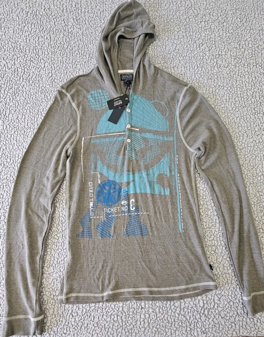 New Buffalo David Bitton Men's Henley Thermal Hoodie Graphic Gray Blue XL