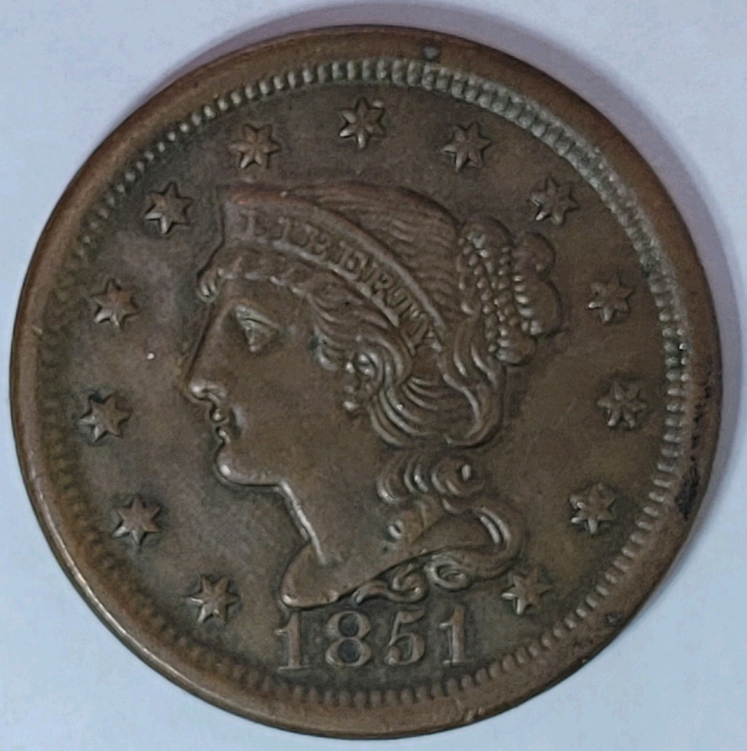 1851 Braided Hair Large Cent Almost Uncirculated AU Coin ERROR. Rotated Reverse.