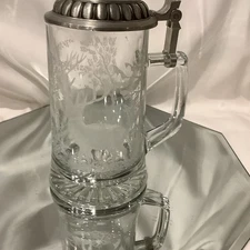 ALWE Pewter Lid Beer Stein Etched Glass Buck Elk Stag Mug West Germany 
