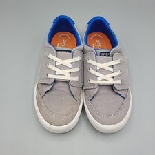 Pair of Sperry kids' washable canvas sneakers grey blue accents memory foam