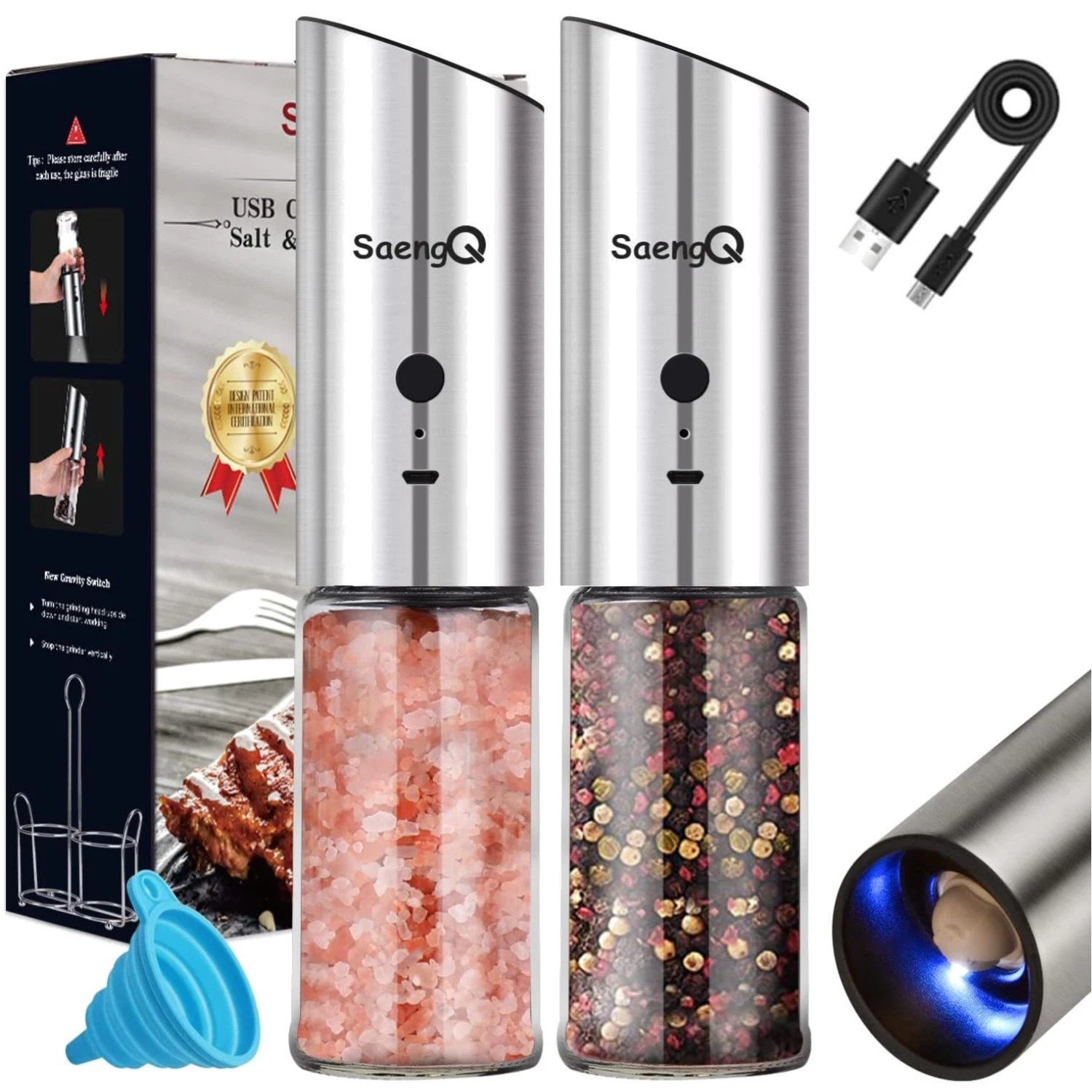 Gravity Electric Salt and Pepper Grinder Set of 2,USB Rechargeable Kitchen El...