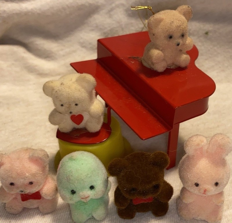  Vintage Miniature Flocked Bunny  Duckling and Bears  - Bears on Piano-Lot (5)