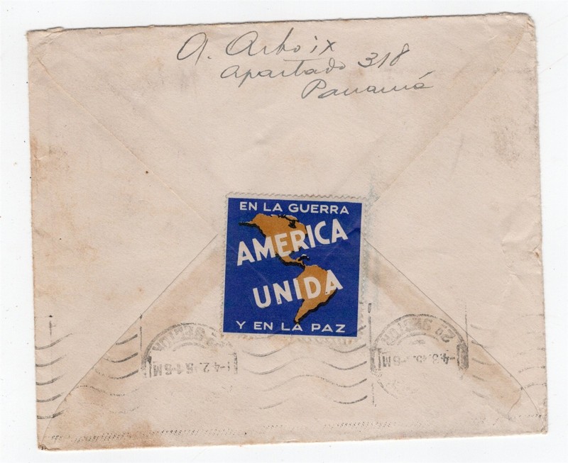 PANAMA WW II 1944 COVER TO PORTUGAL W/ PATRIOTIC POSTER STAMP TIED 