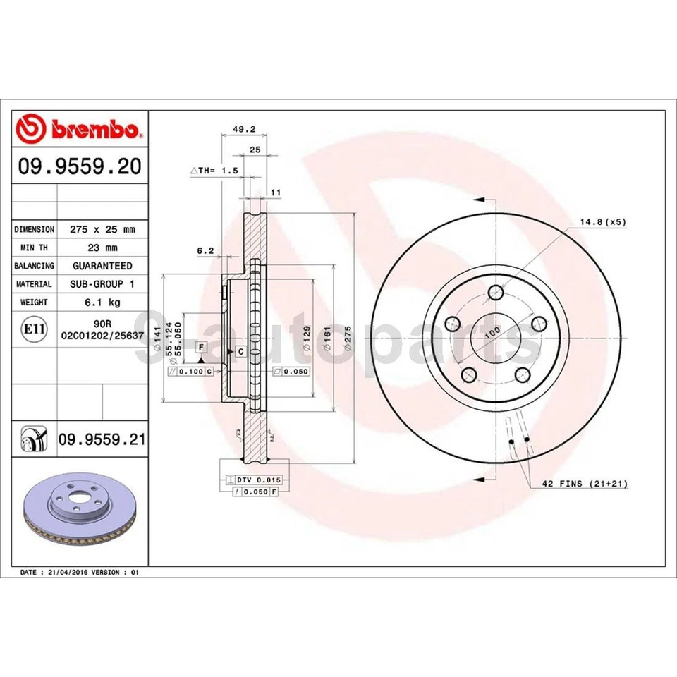 Brembo OE Front Rear Disc Brake Rotors for 2000-2005 Toyota Celica - Image 2 of 4