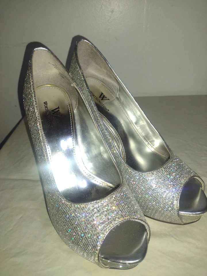 Worthington Silver Pump Ultra High Heels With Rainbow Chucks Size 7M  USA - Image 2 of 4