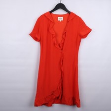 SEZANE Carla Dress Red Silk Ruffle V-Neck Short Sleeve Mini Wrap Style Size 36 S