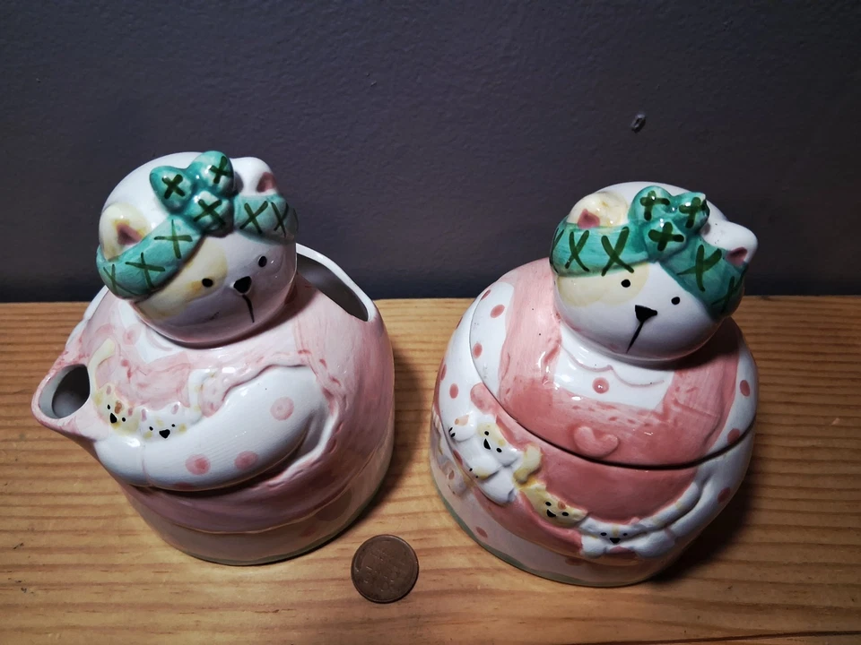 Juego de crema bote gato Linda Higgins 1992 Taiwán mamá gatitos cerámica Foto 3 de 4
