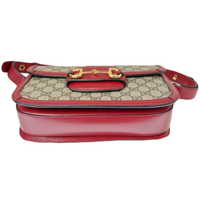 Gucci Red GG Supreme Gold Horsebit 1955 Leather Trimming Shoulder Bag 133469324 image 3