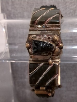 Vintage Black Onyx Carved Warrior Mask Sterling Panel Bracelet Taxco Mexico''N.S''