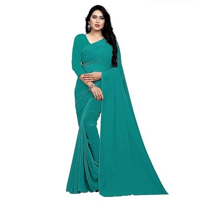 Sidhidata Damen Georgette Sari mit unbesticktem Blusenteil Dark Firozi 1-teilig