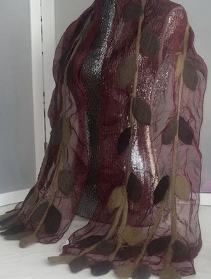 Handmade Nepal merino wool silk blend artisian scarf wrap leaf burgundy nature