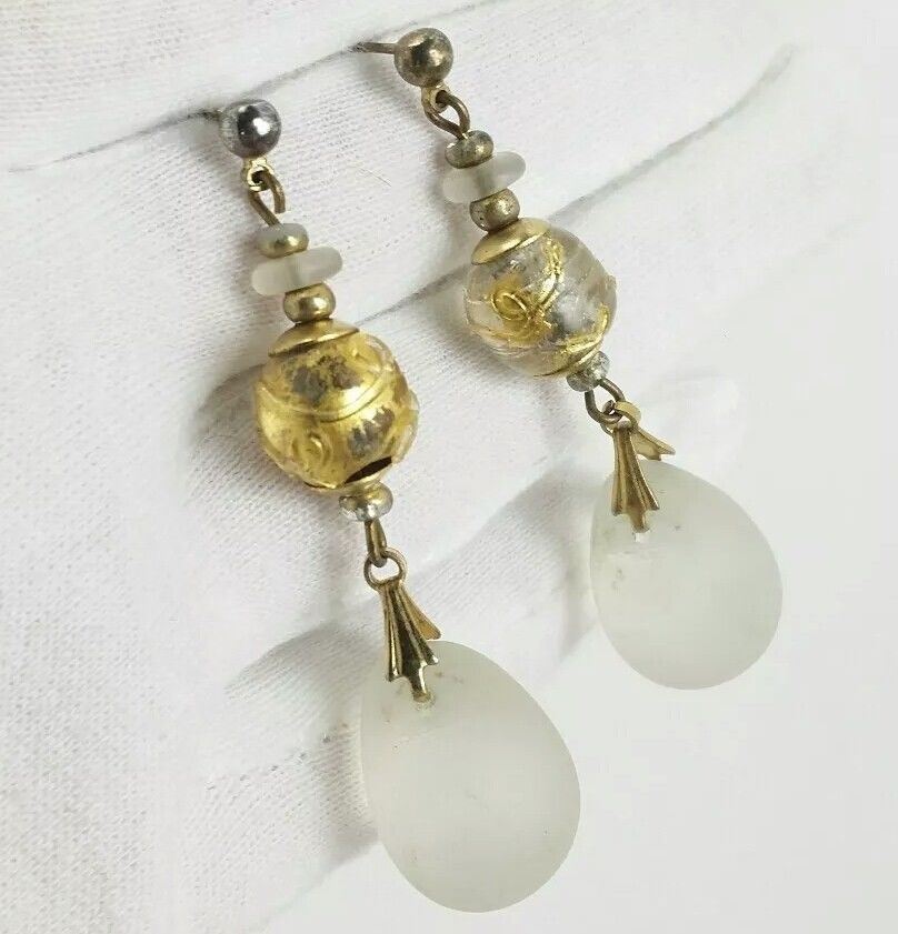 Elegant Vintage Gold Tone Frosted Glass Bead Dangle Earrings View 3